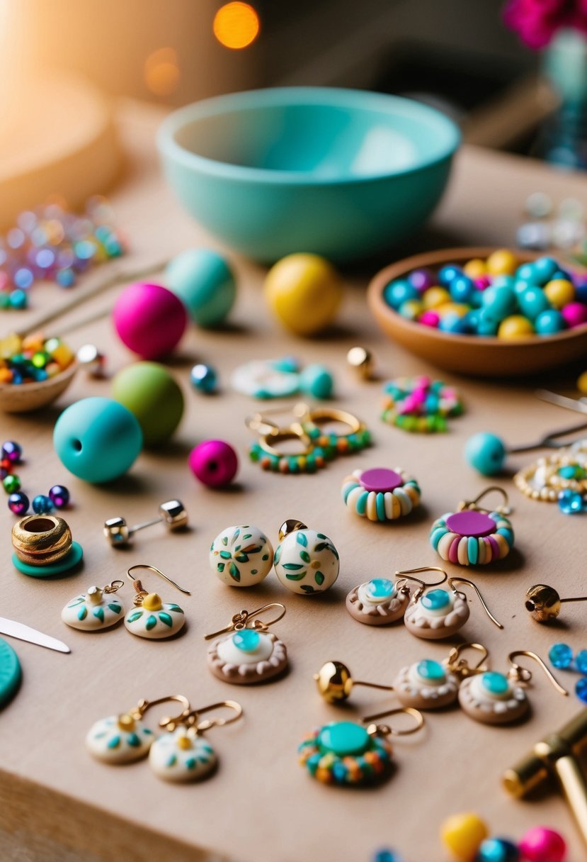 A table scattered with clay wedding earring designs, surrounded by colorful beads and tools