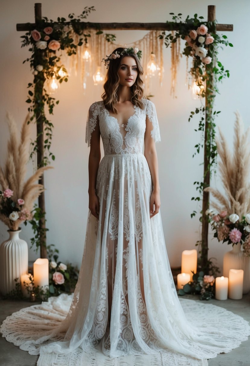 A bride wearing a flowy, lace 1990s-style wedding dress with floral accents, surrounded by vintage bohemian decor and soft, romantic lighting