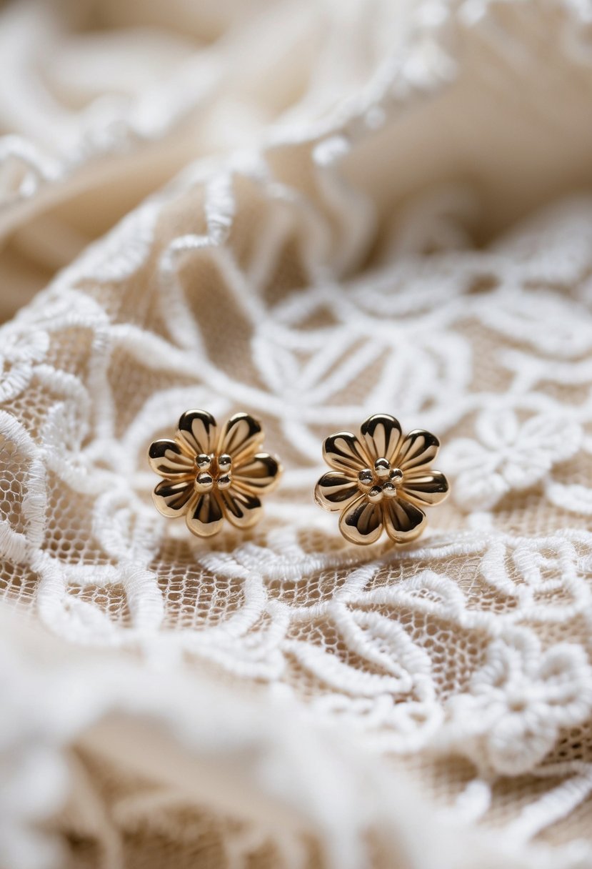 A close-up of elegant floral textured stud earrings arranged on a delicate lace fabric background