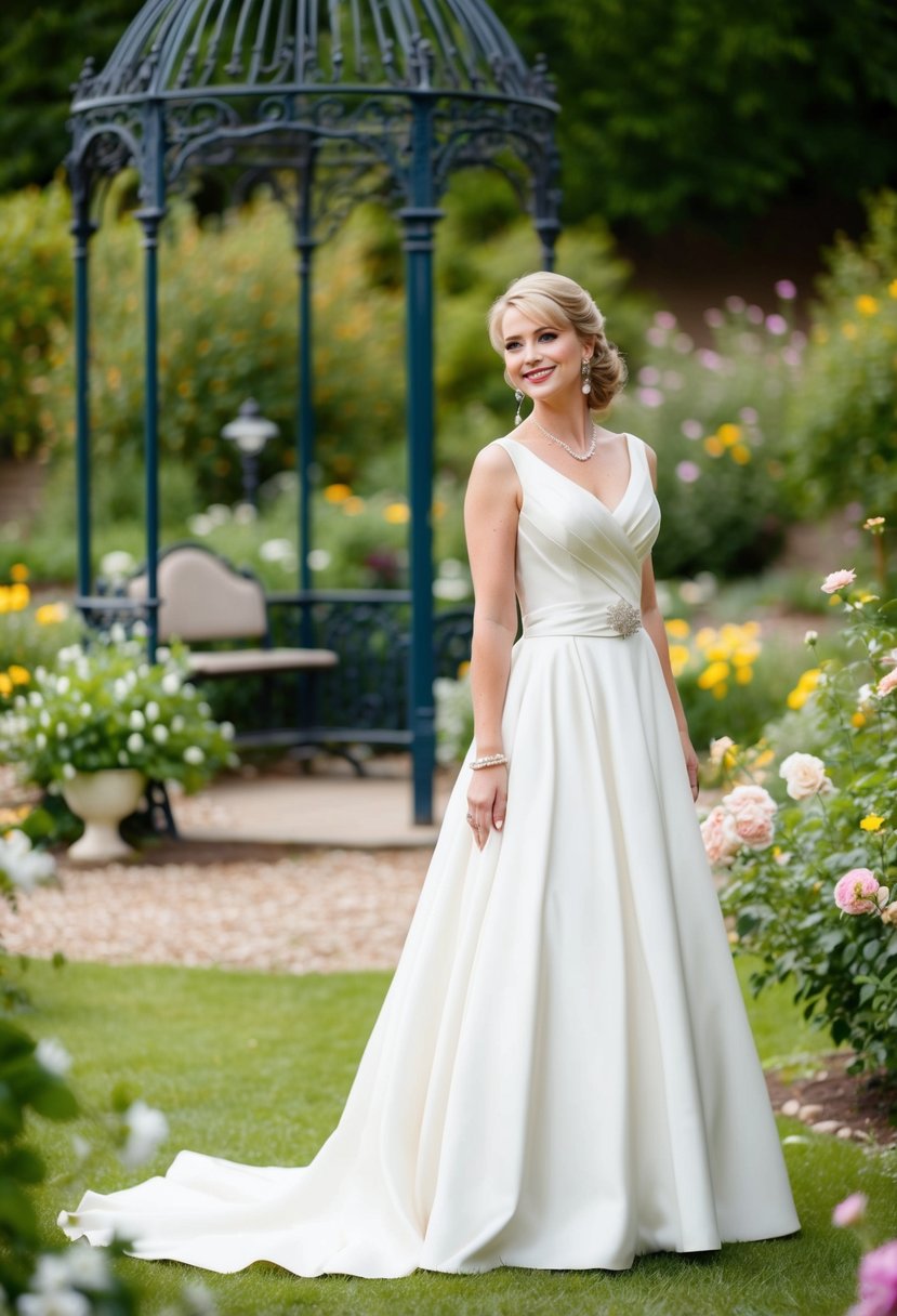 A bride in a classic A-line 1990s style wedding dress stands in a garden, surrounded by blooming flowers and a vintage wrought-iron gazebo