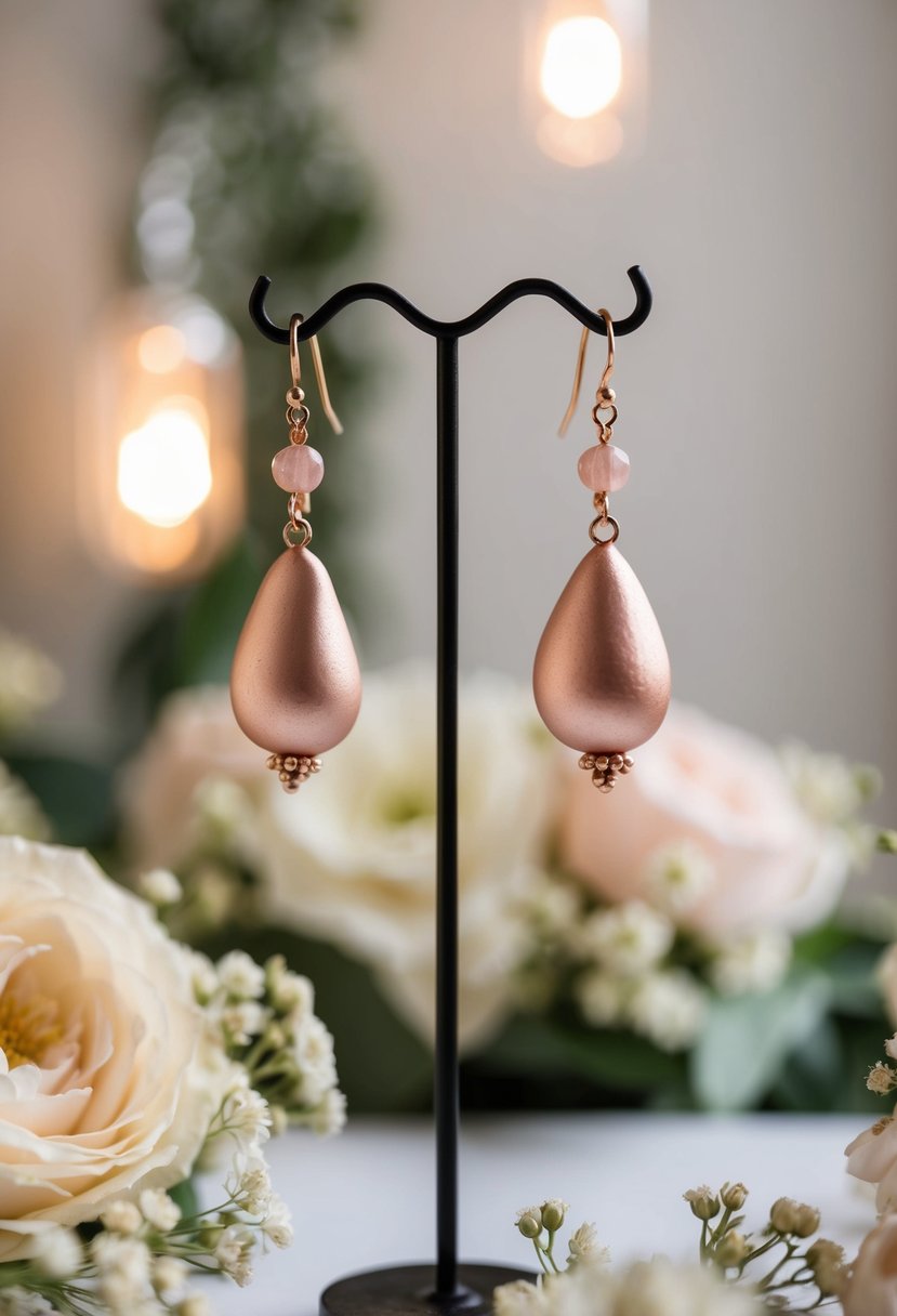 A pair of rose gold clay dangle earrings suspended from a display stand, surrounded by delicate wedding flowers and soft, romantic lighting