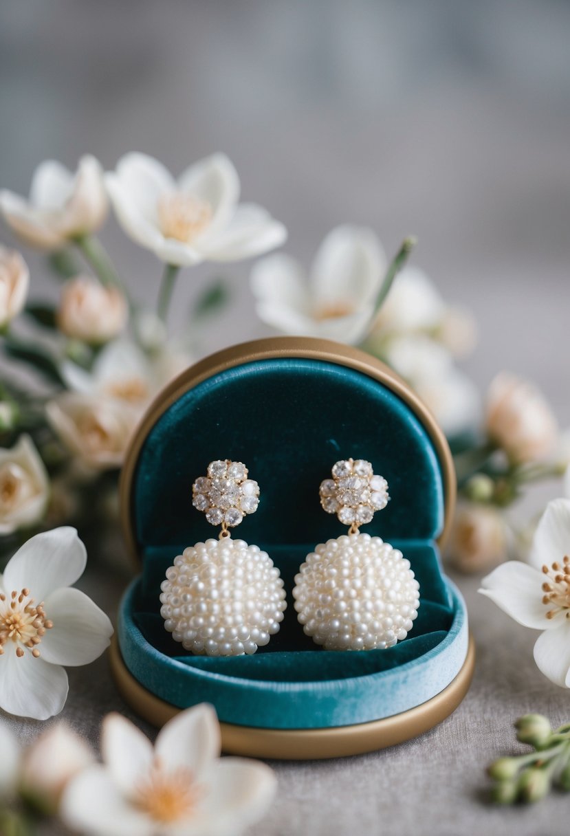 A pair of shimmery pearl white clay wedding earrings displayed on a velvet cushion, surrounded by delicate floral motifs