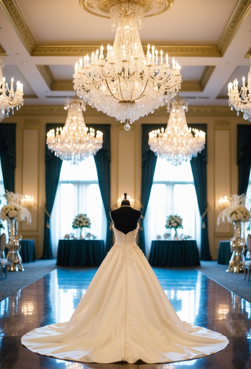 A grand ballroom with a 1990s-style wedding dress displayed on a mannequin, surrounded by glittering chandeliers and opulent decor