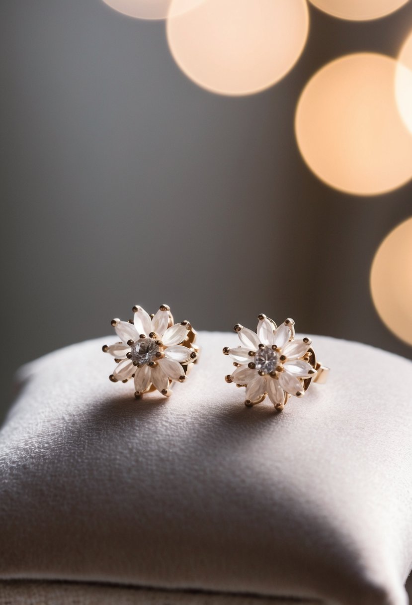 Two delicate, translucent bridal studs rest on a soft velvet cushion, catching the light and casting a subtle, elegant glow