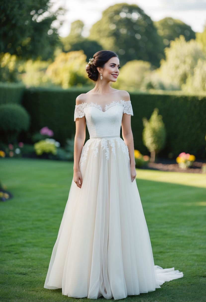 A bride standing in a garden, wearing an off-the-shoulder 1990s style wedding dress with delicate lace and a flowing skirt