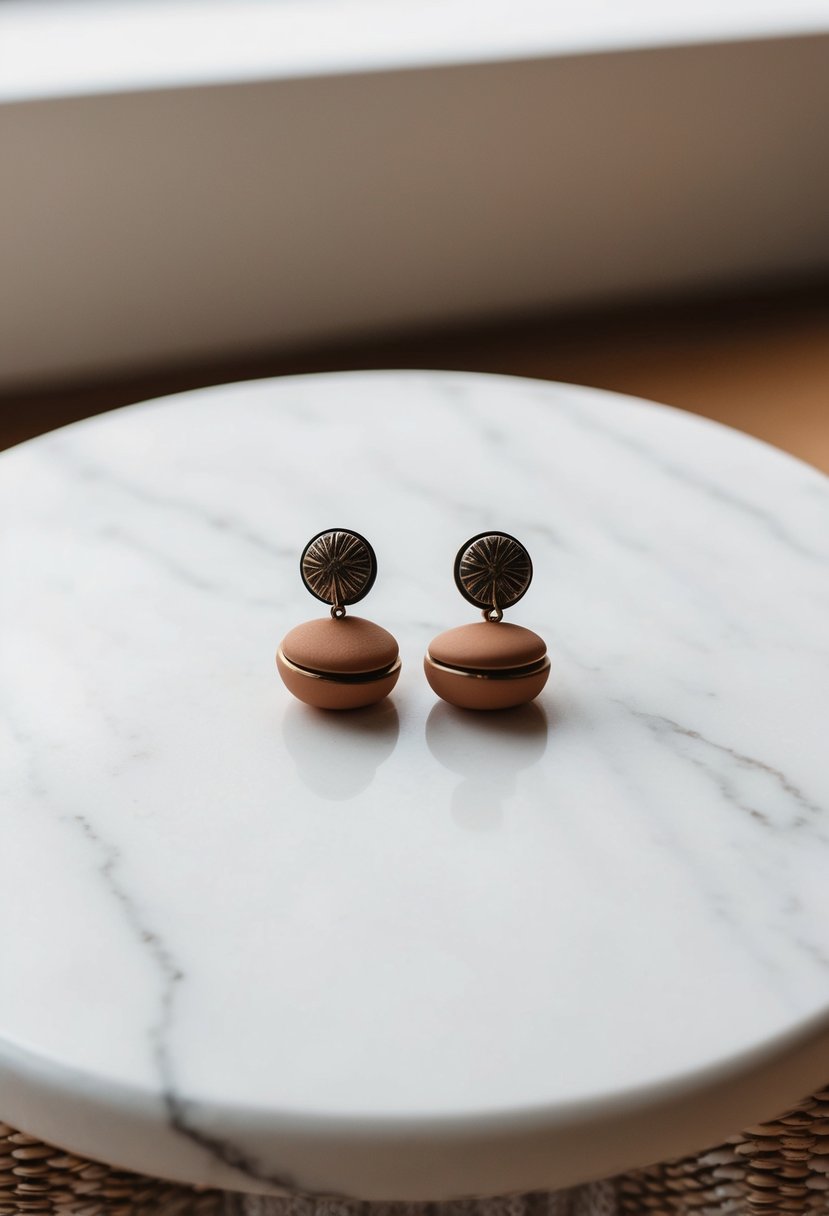 A pair of mixed metal and clay earrings displayed on a white marble surface with soft natural lighting