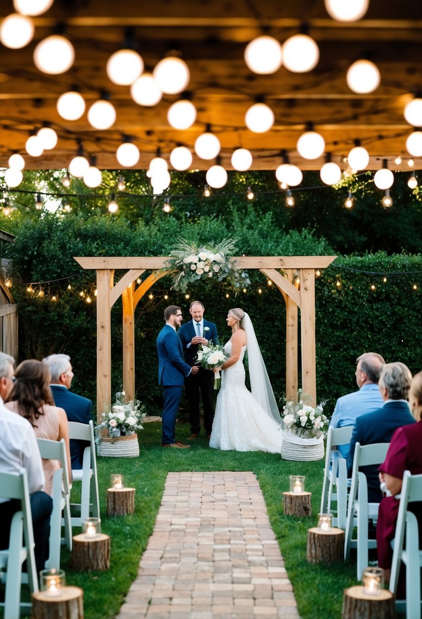 A cozy backyard wedding with fairy lights, a rustic wooden arch, and intimate seating for close family and friends