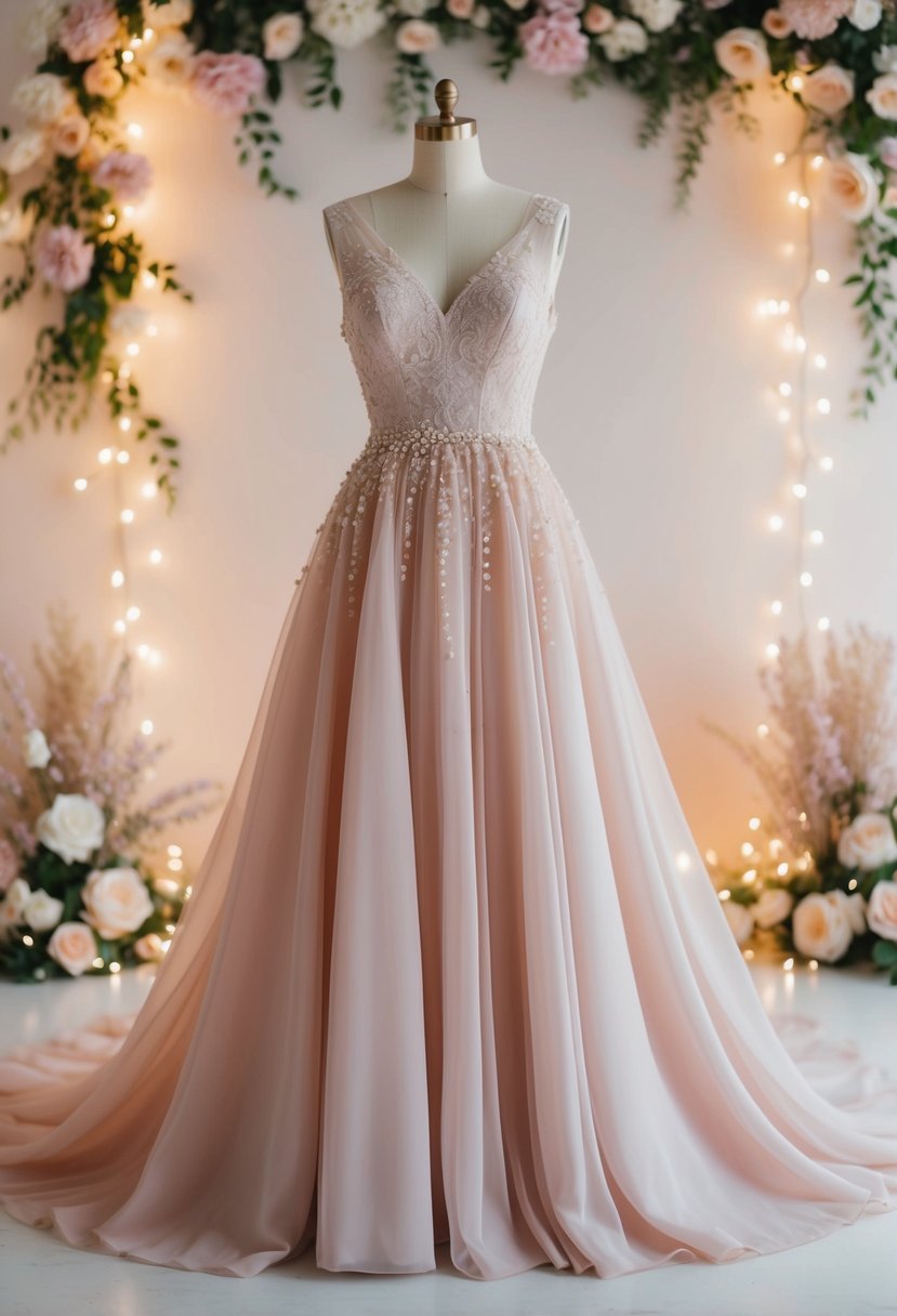 A flowing 1990s style wedding dress in ethereal blush tones, adorned with delicate lace and pearl embellishments, set against a backdrop of soft pastel flowers and twinkling fairy lights