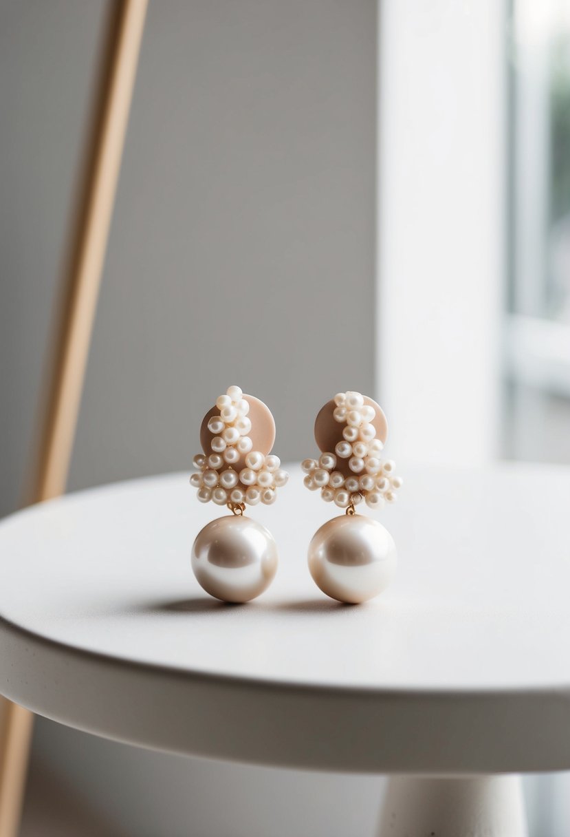 A pair of delicate clay earrings with intricate pearl details, displayed on a clean, minimalist surface with soft natural lighting