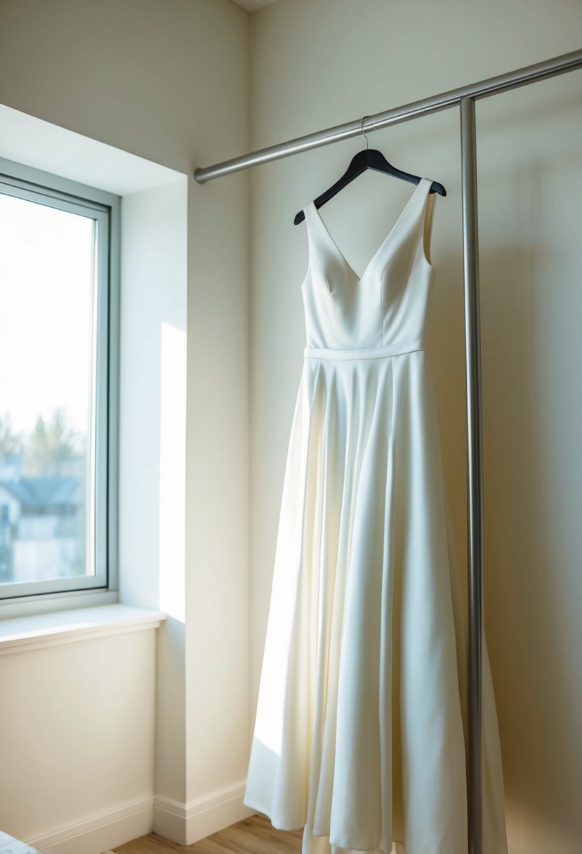 A minimalist 1990s-style wedding dress hangs on a sleek, modern clothing rack, bathed in soft, natural light from a nearby window