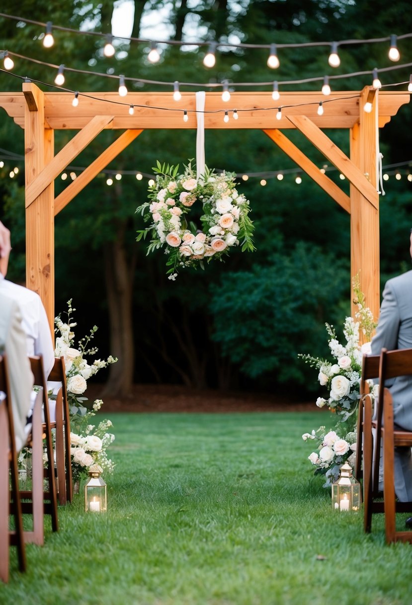 A cozy backyard wedding with string lights, a wooden arch, and blooming flowers