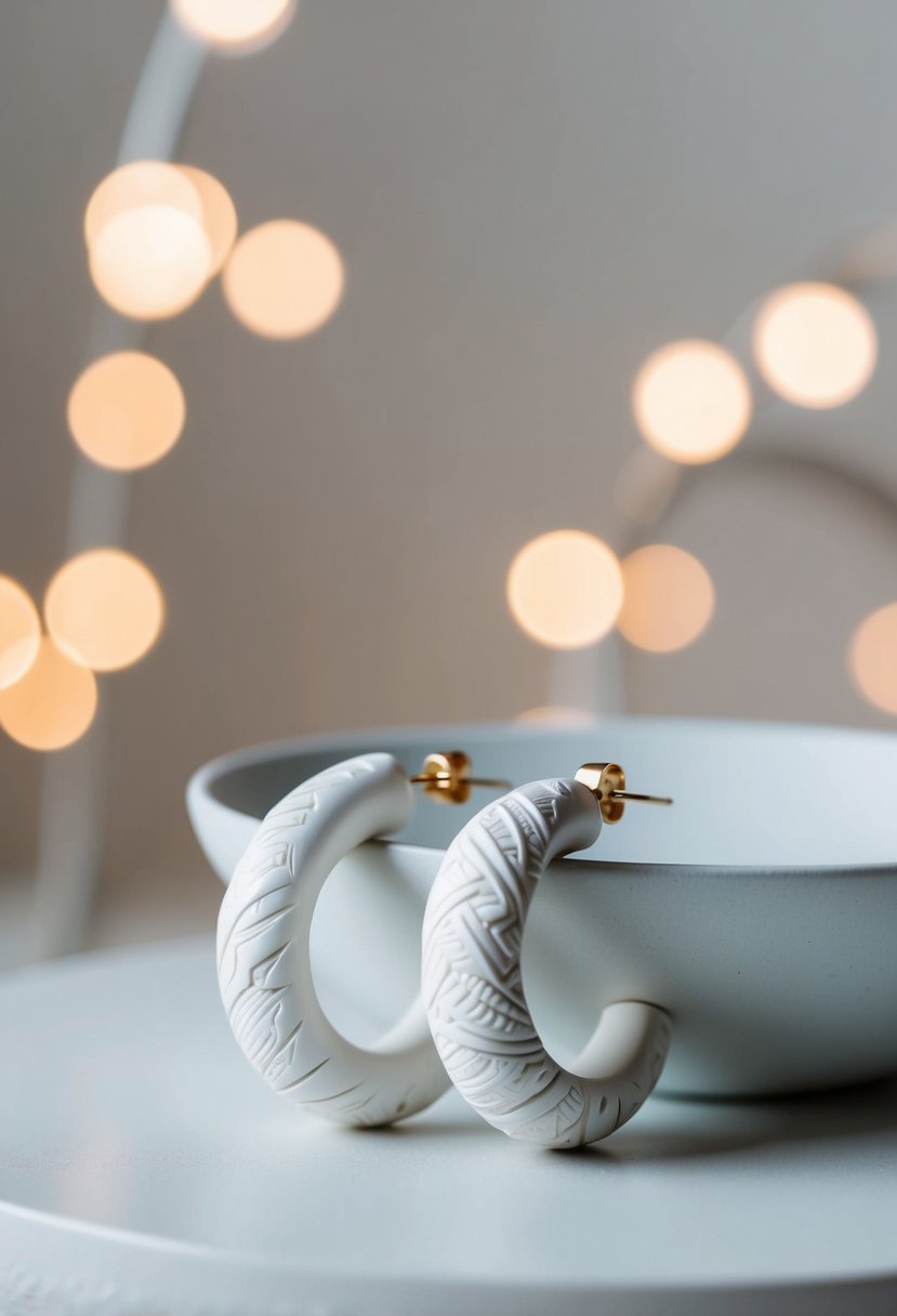 A pair of white polymer clay hoops, delicately crafted with intricate textures and patterns, are displayed on a clean, minimalist surface