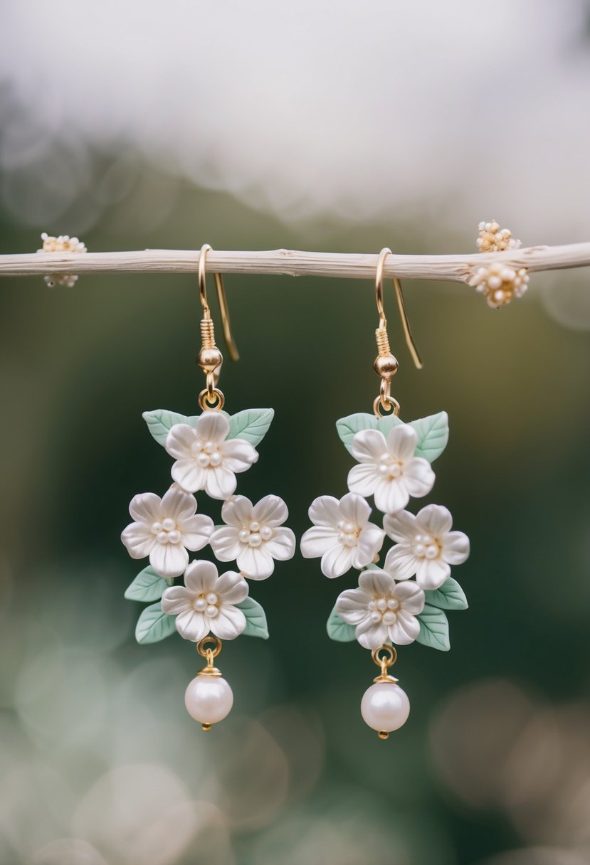 A delicate pair of floral pearl dangle earrings, inspired by a wedding setting, with intricate clay details and elegant design