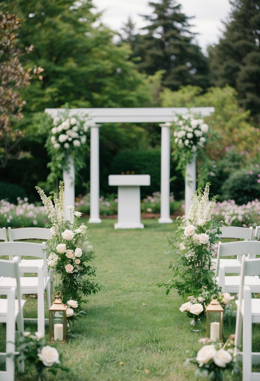 A serene outdoor garden with a simple altar, surrounded by blooming flowers and greenery, set up for an intimate wedding ceremony