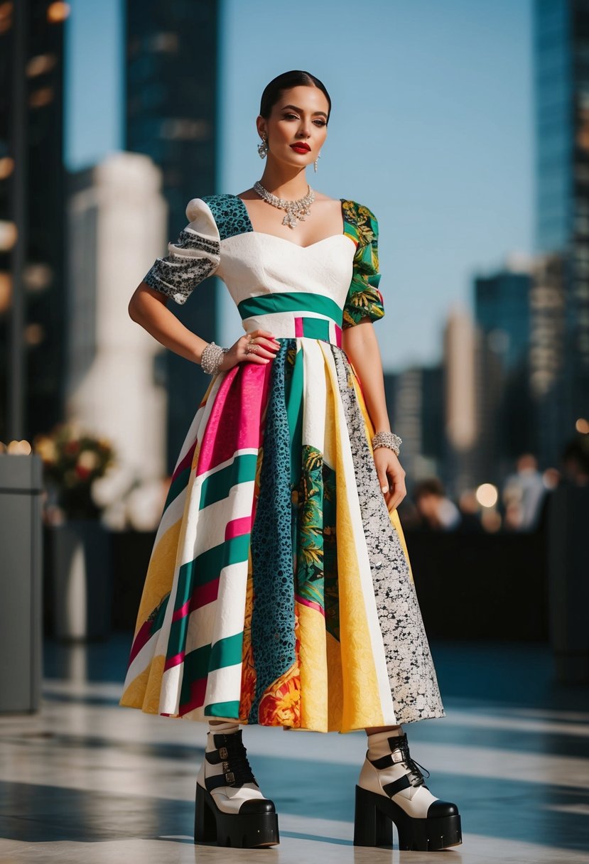 A bride in a 1990s-style wedding dress with a mix of patterns, textures, and bold colors, accessorized with chunky jewelry and platform shoes