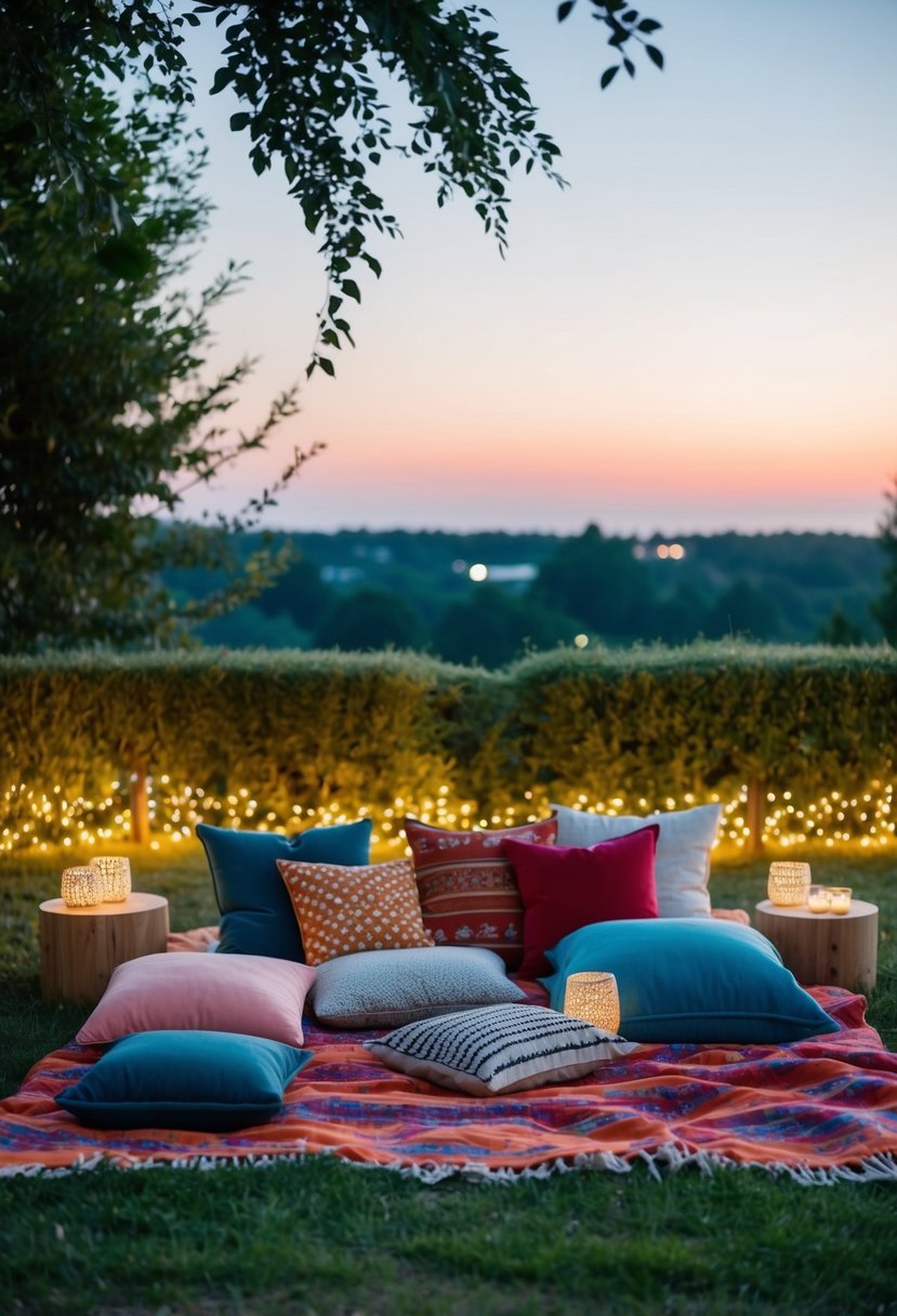 A cozy picnic blanket spread with assorted cushions and low tables, surrounded by twinkling lights and greenery, set against a backdrop of a serene sunset