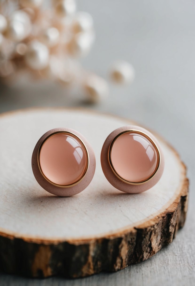 A pair of delicate clay earrings in a soft rose quartz color, inspired by the elegance of a wedding celebration