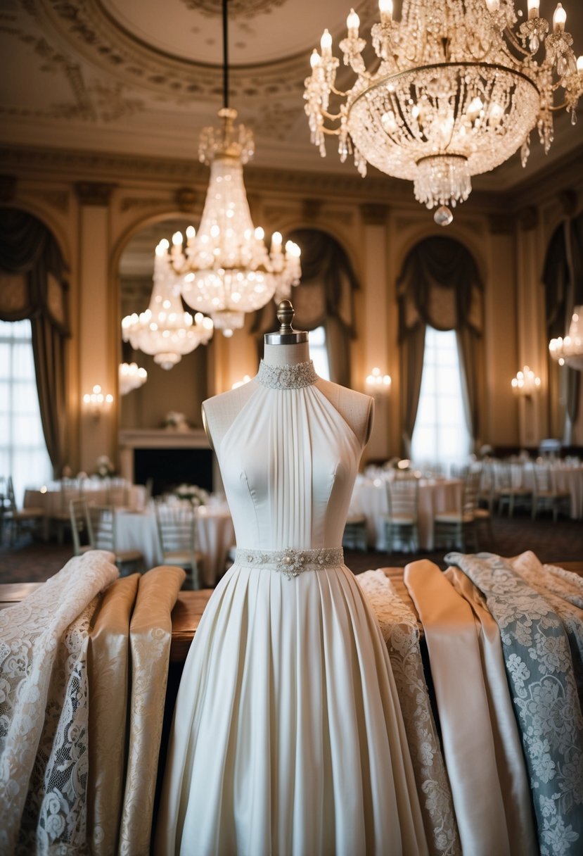 A grand ballroom with ornate chandeliers and a vintage high-necked wedding dress on a mannequin, surrounded by antique lace and silk fabrics