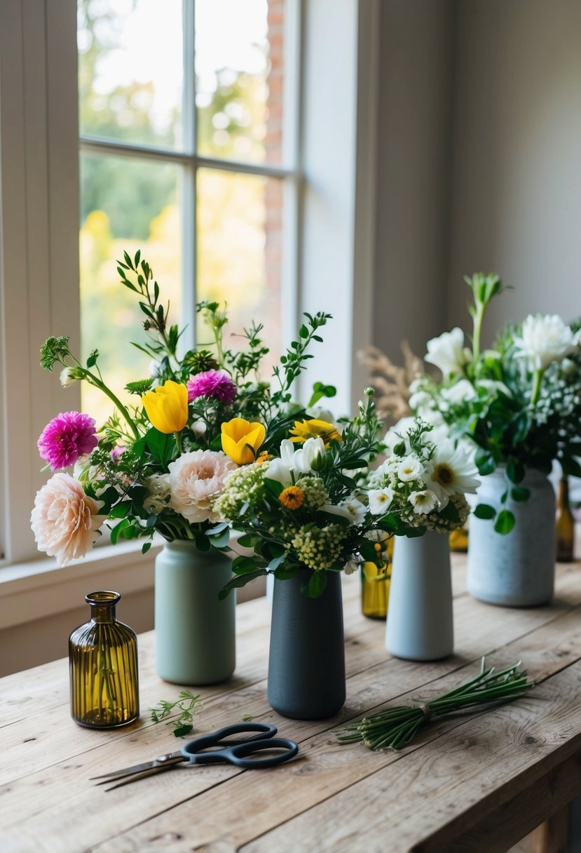 A rustic wooden table with an array of fresh flowers, vases, and scissors. Soft natural light filters through a nearby window onto the DIY flower arranging station