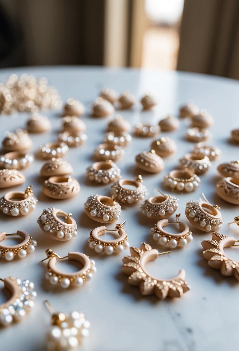 A table scattered with delicate clay earrings, each adorned with intricate bridal designs and shimmering with elegant details