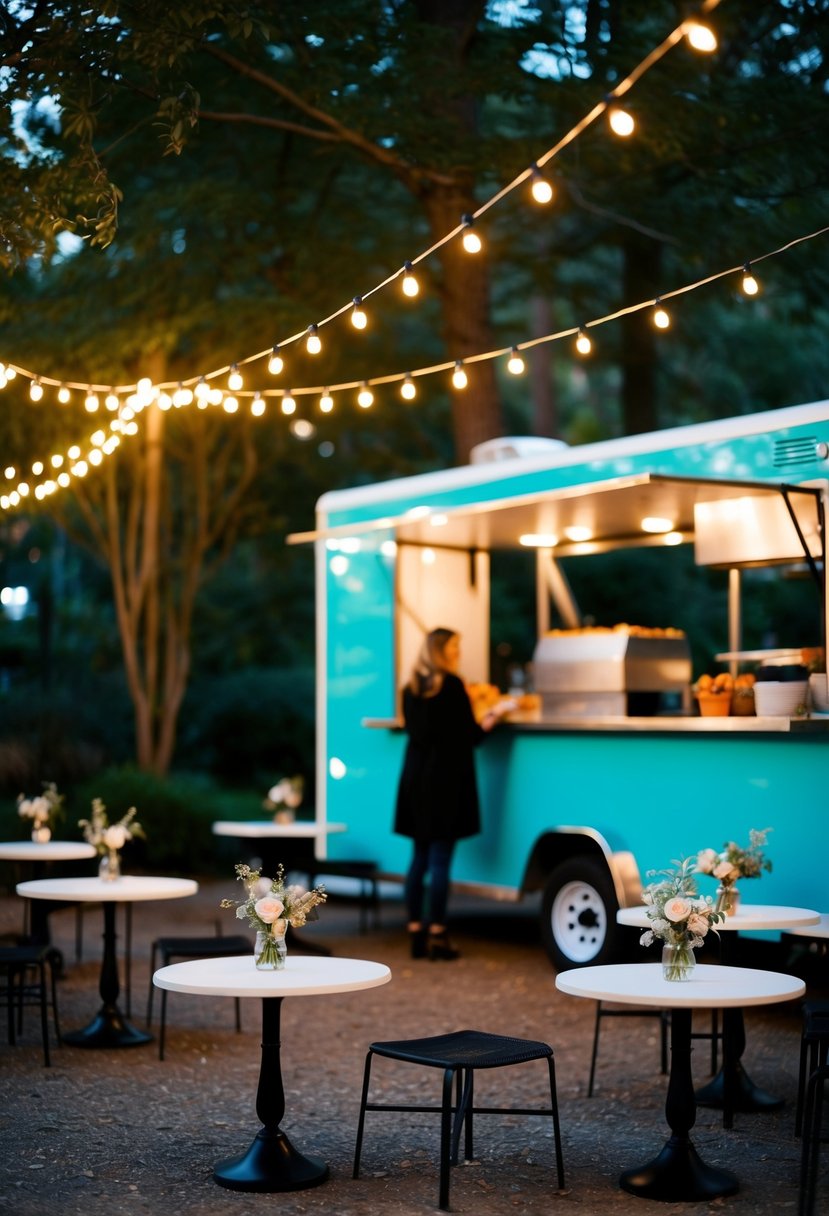 A cozy outdoor setting with twinkling lights, a food truck serving delicious dishes, and small tables adorned with simple floral centerpieces