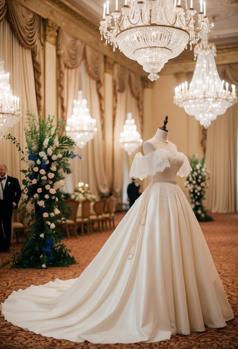 A grand ballroom with cascading fabric, ornate chandeliers, and vintage floral arrangements. A mannequin dons a billowing, off-the-shoulder gown with lace and pearl details