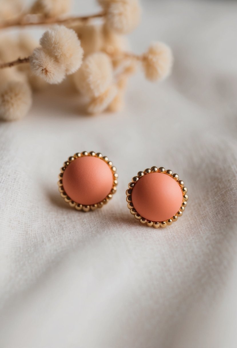 Two delicate clay studs in coral and gold, arranged on a soft fabric background