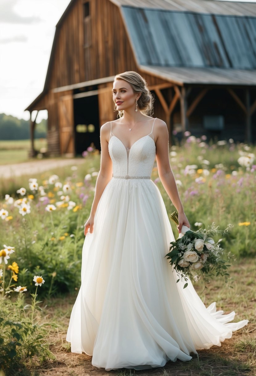 A bride in a flowing 1990s style wedding dress stands in a rustic country setting, surrounded by wildflowers and a wooden barn