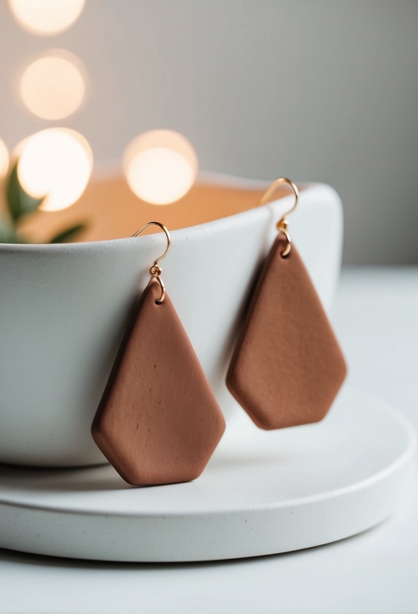 Two geometric clay drop earrings displayed on a clean white surface with soft natural lighting