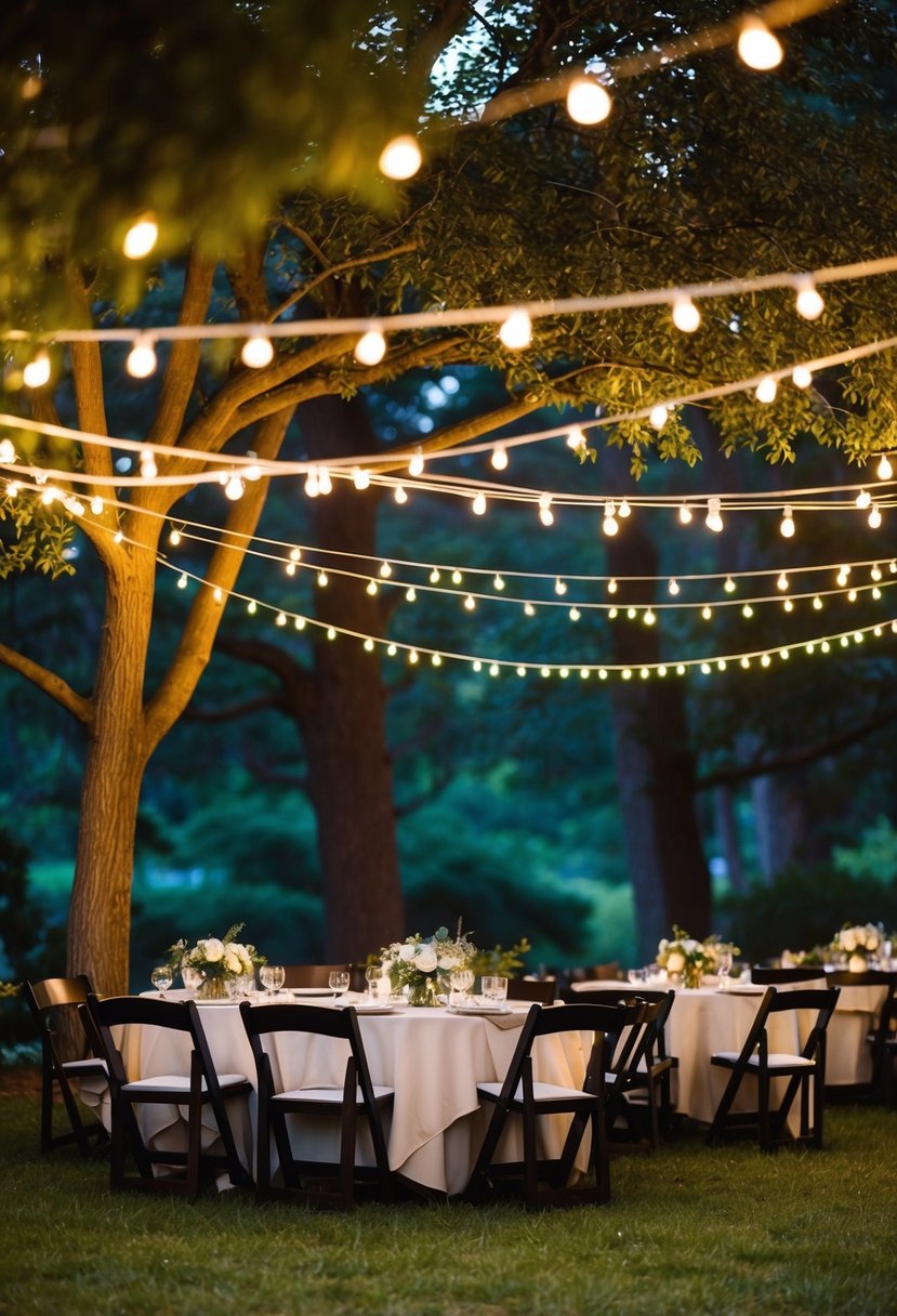 A cozy outdoor wedding with string lights draped over trees, illuminating a small gathering of tables and chairs