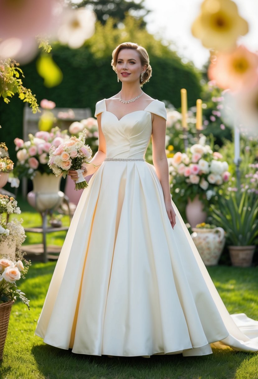 A bride in a tea-length 1990s style wedding dress stands in a garden, surrounded by vintage decor and pastel-colored flowers