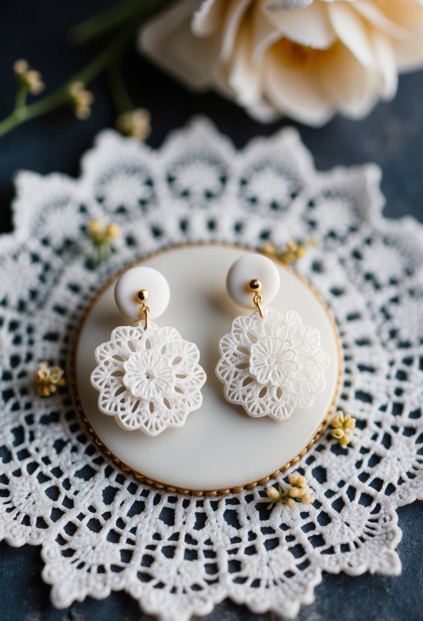 A pair of delicate ivory lace clay earrings displayed on a vintage lace doily, surrounded by tiny floral accents