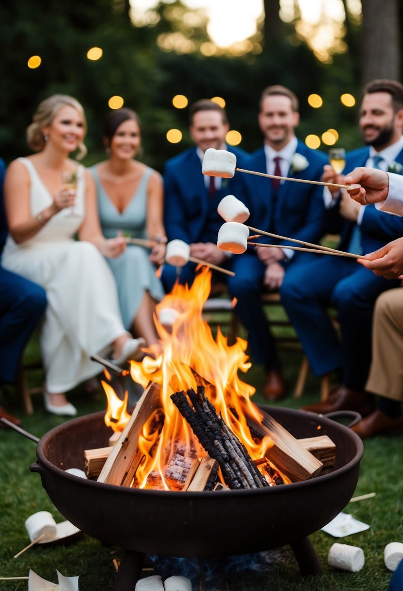 A cozy bonfire with marshmallows roasting on sticks, surrounded by a small gathering of guests at an intimate wedding celebration