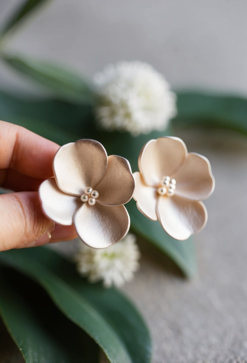 A pair of delicate, hand-sculpted clay flower earrings, with intricate petals and a subtle shimmer, perfect for a wedding ensemble