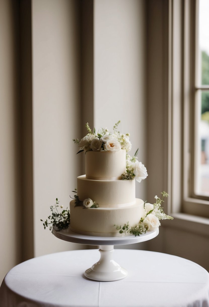 A small, one-tiered wedding cake sits atop a simple table adorned with delicate flowers. The intimate setting exudes a sense of understated elegance