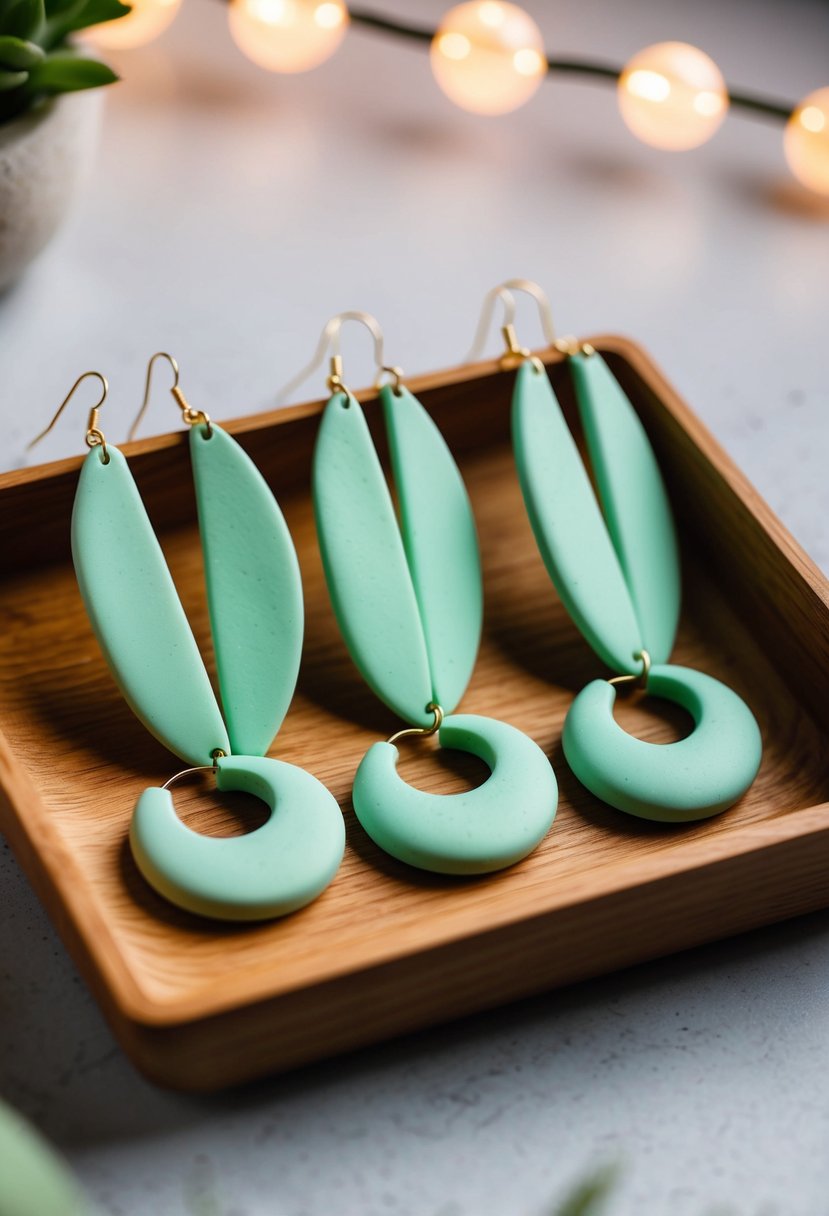 Mint green clay earrings displayed on a wooden tray with soft lighting