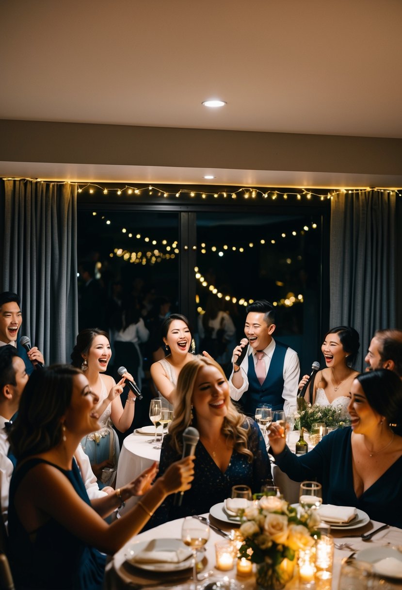 A cozy, dimly lit room with a small stage, microphone, and twinkling lights. Couples and friends gather around tables, singing and laughing at a low-key wedding karaoke party