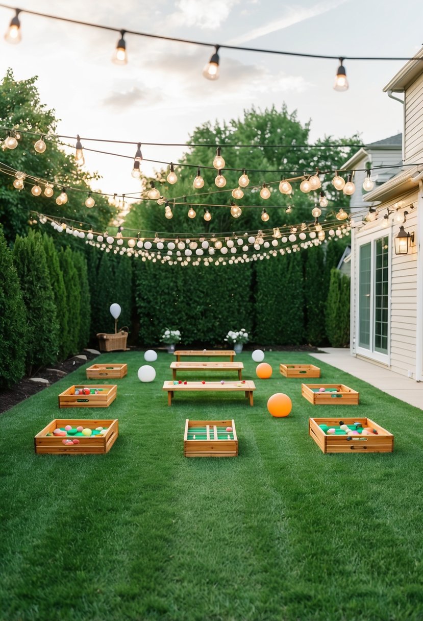 A backyard with a neatly arranged setup of lawn games for a small, intimate wedding celebration