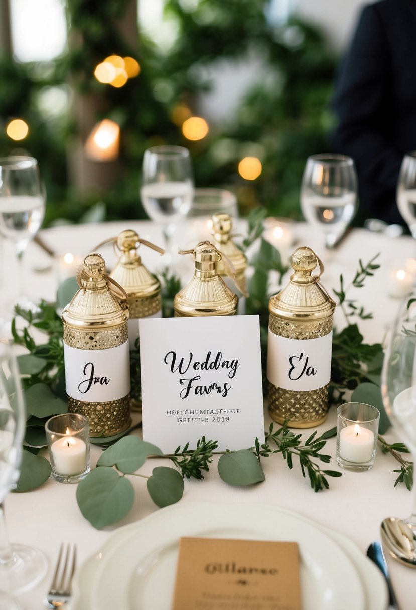 A table adorned with personalized wedding favors, surrounded by small, low key wedding decor and greenery