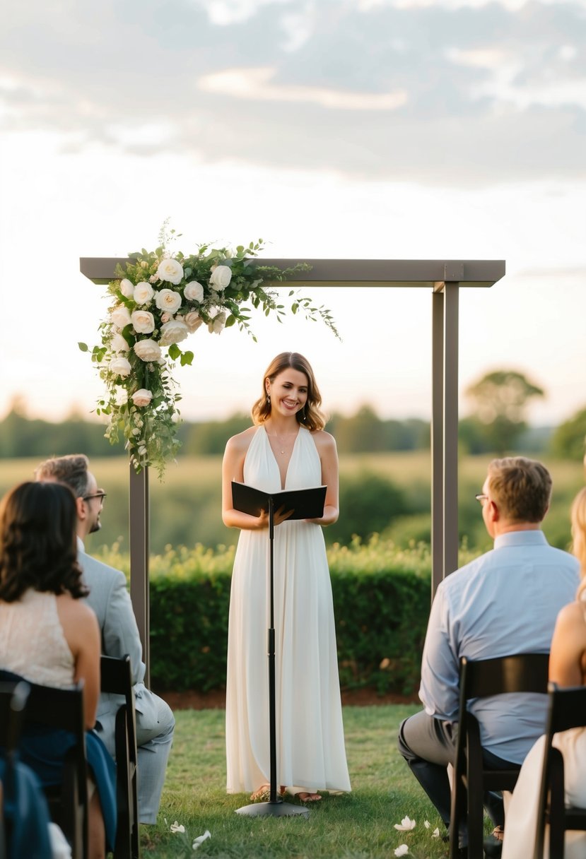 A friend stands under a simple arch, officiating a small outdoor wedding. The setting is intimate and serene, with minimal decor and a handful of guests