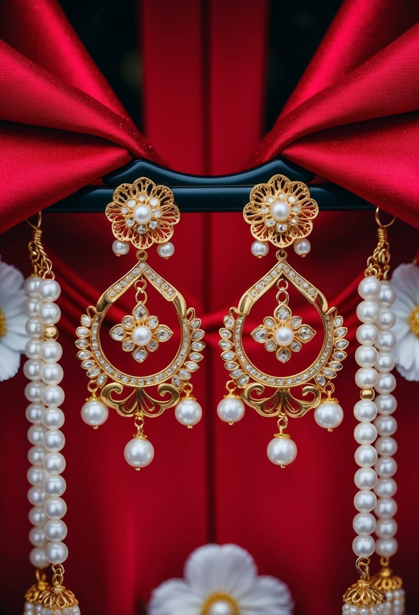 A traditional Korean wedding earring displayed on a red silk fabric with intricate gold and pearl details