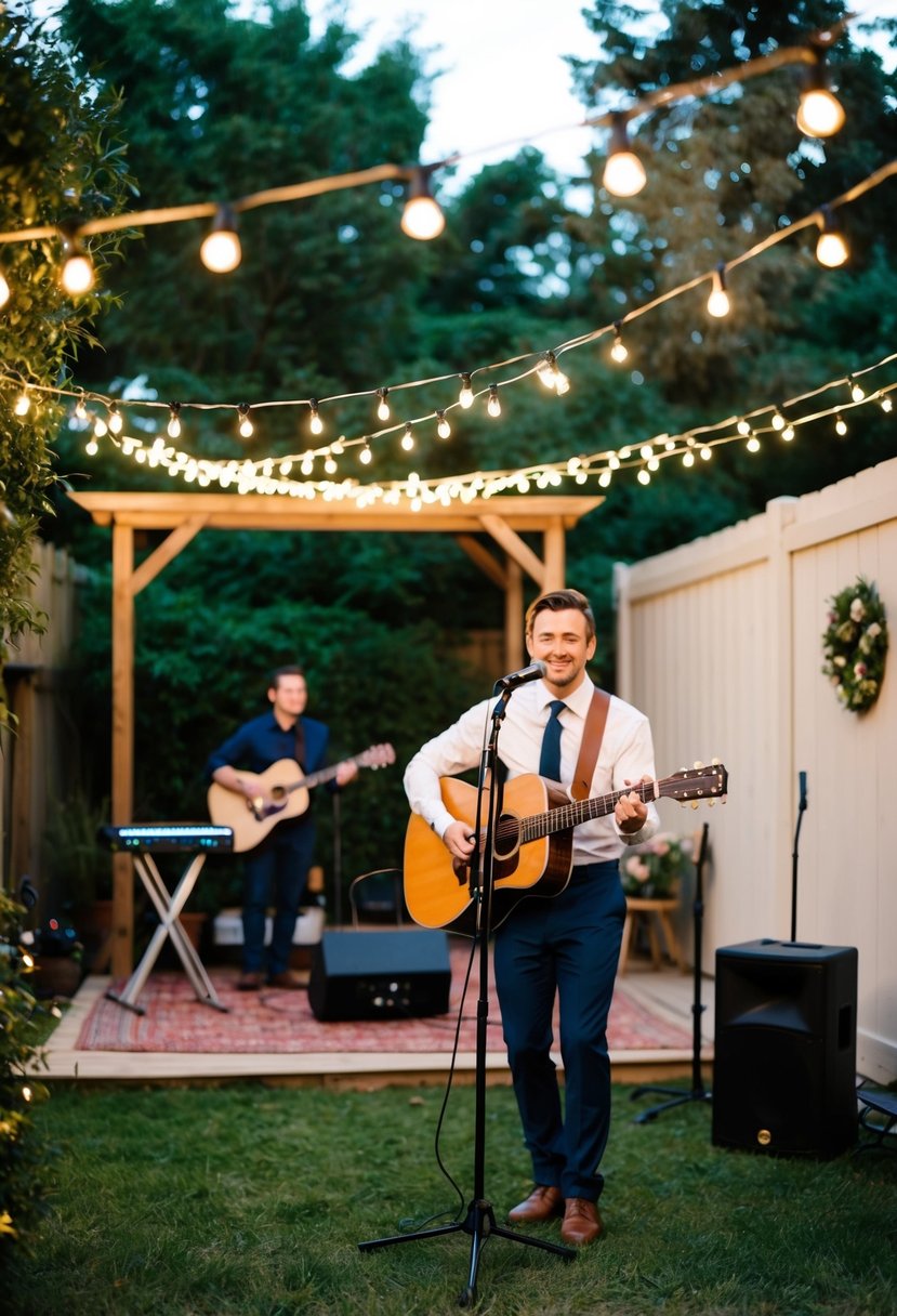 A cozy backyard wedding with a small stage, twinkling lights, and a musician playing live acoustic music for the intimate gathering