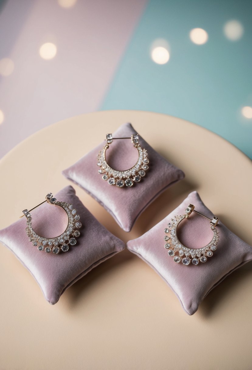 Three elegant wedding earring designs displayed on a velvet cushion against a soft, pastel background. Each earring features three delicate holes and intricate, shimmering details