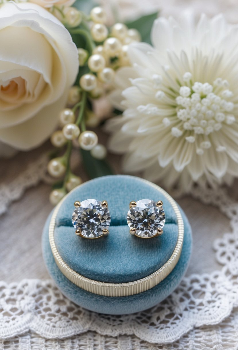 A pair of gold-plated cubic zirconia claw studs arranged on a velvet cushion, surrounded by delicate floral and lace wedding decor