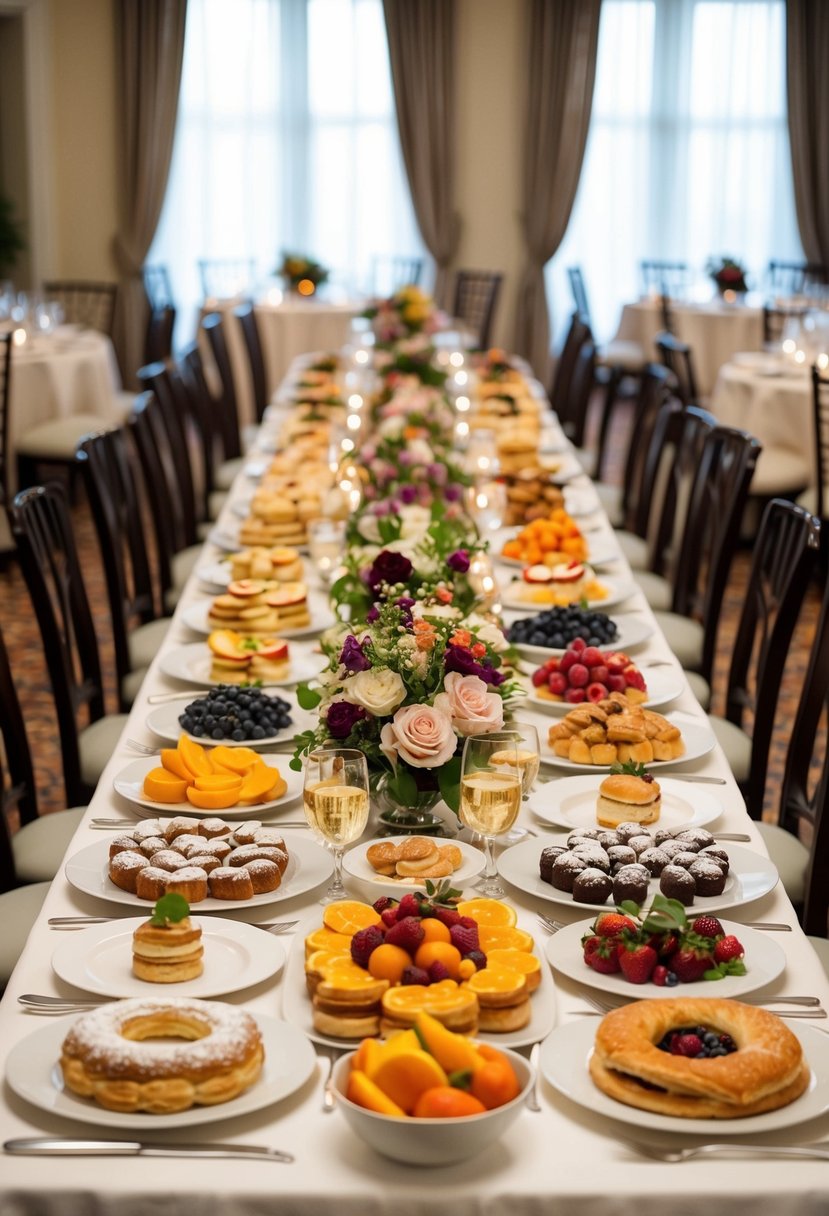 A spread of assorted pastries, fruits, and savory dishes arranged on a long table with elegant tableware and floral centerpieces