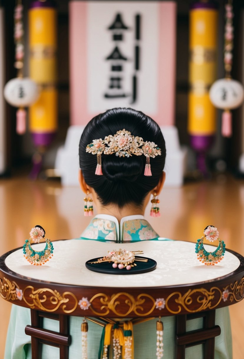 A traditional Korean wedding scene with intricate Binyeo hairpins and elegant wedding earrings on a decorative table