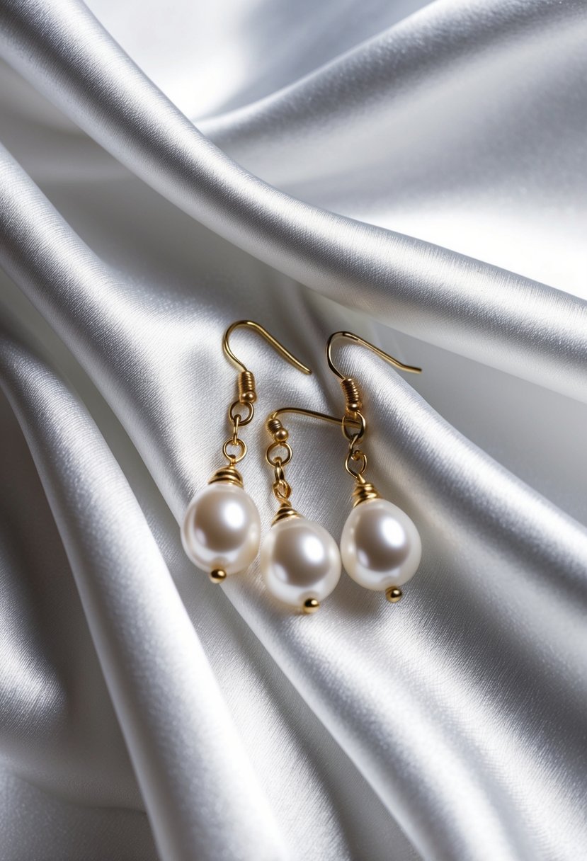 A white satin background adorned with elegant pearl drop earrings hanging from three small holes