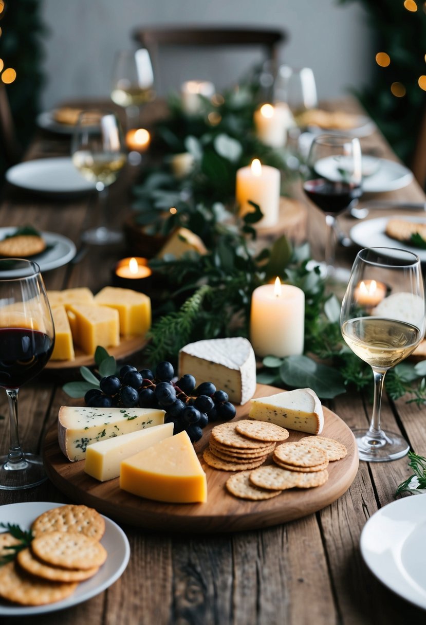 A rustic wooden table set with an assortment of cheeses, crackers, and glasses of wine, surrounded by soft candlelight and greenery