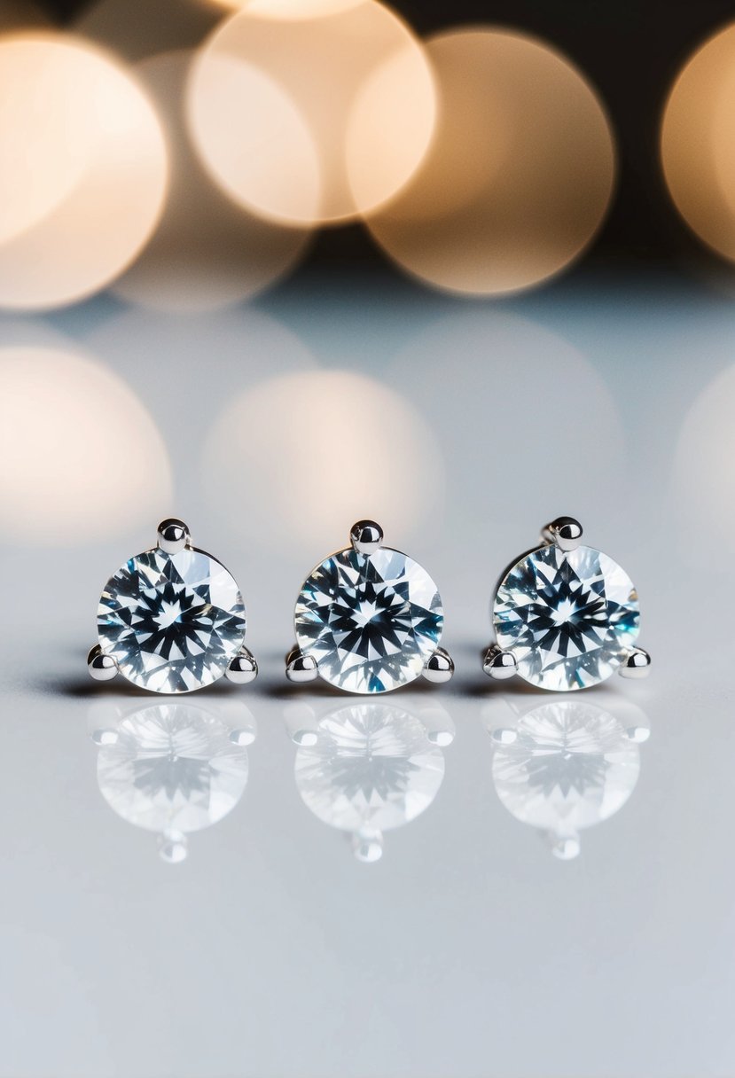 A close-up of three dazzling diamond stud earrings arranged in a triangular pattern on a white background