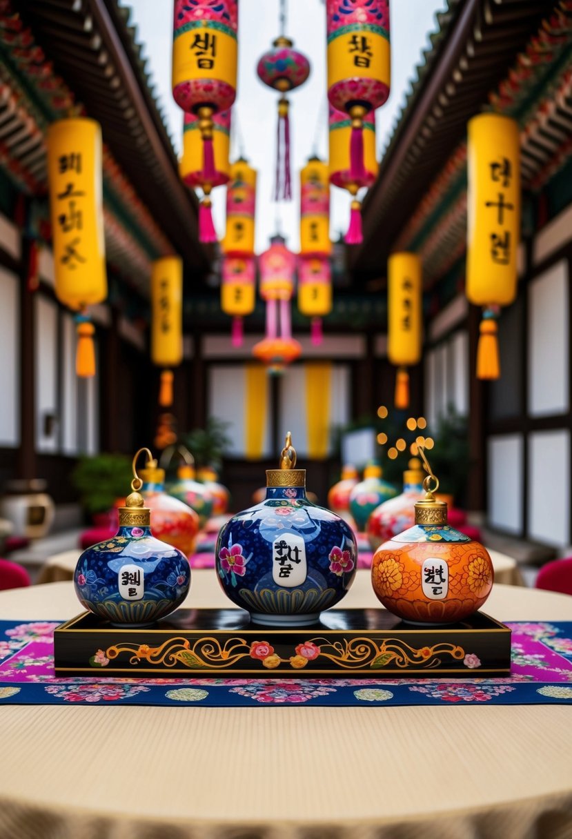 A table adorned with traditional Korean norigae ornaments, featuring intricate designs and vibrant colors